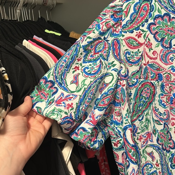 THML Paisley Print Puff Sleeve Top Faux Leather Trim - Picture 4 of 5